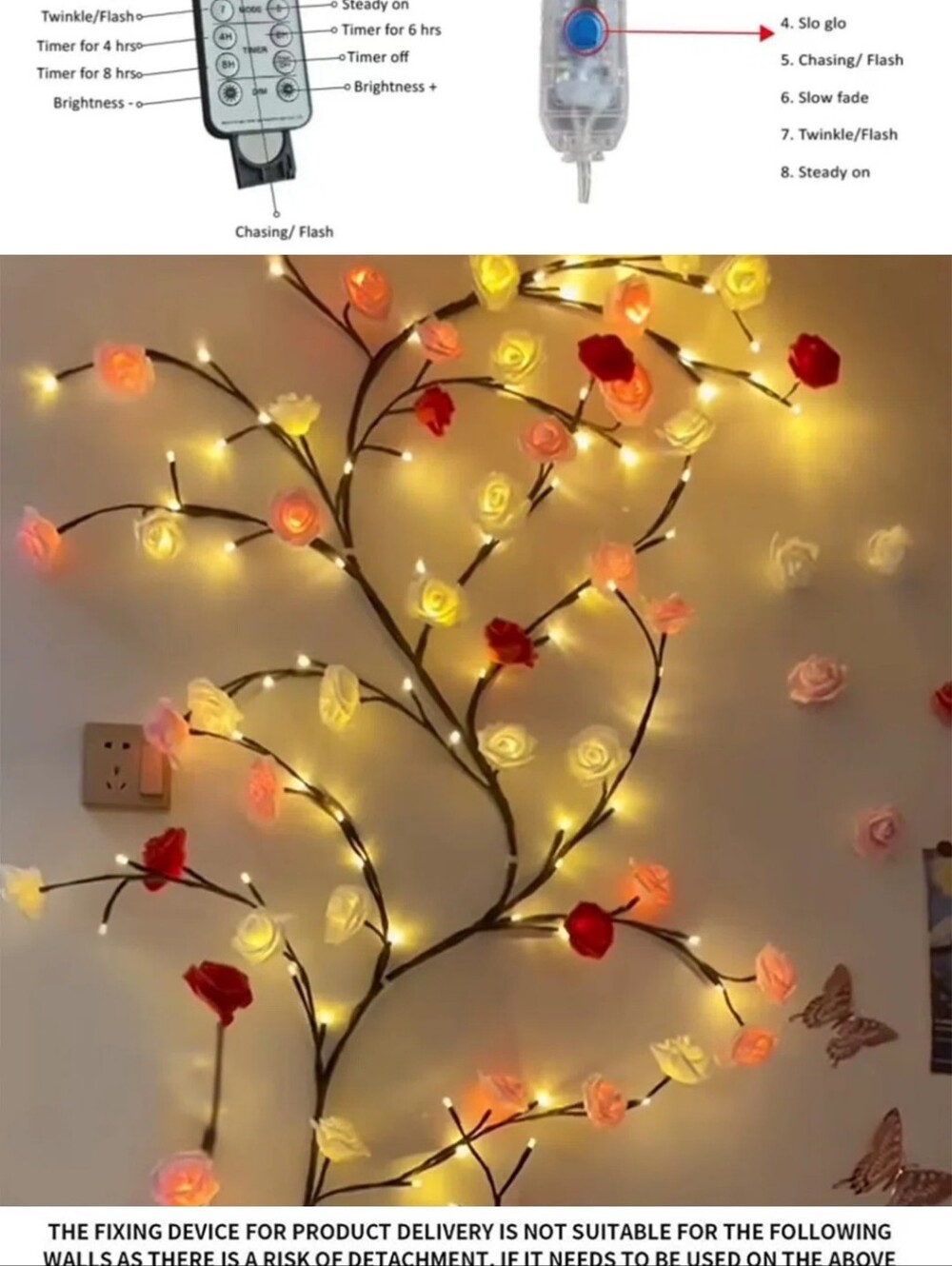 LED Rose Vine String Lights — Warm White with Red, Pink, Cream Roses